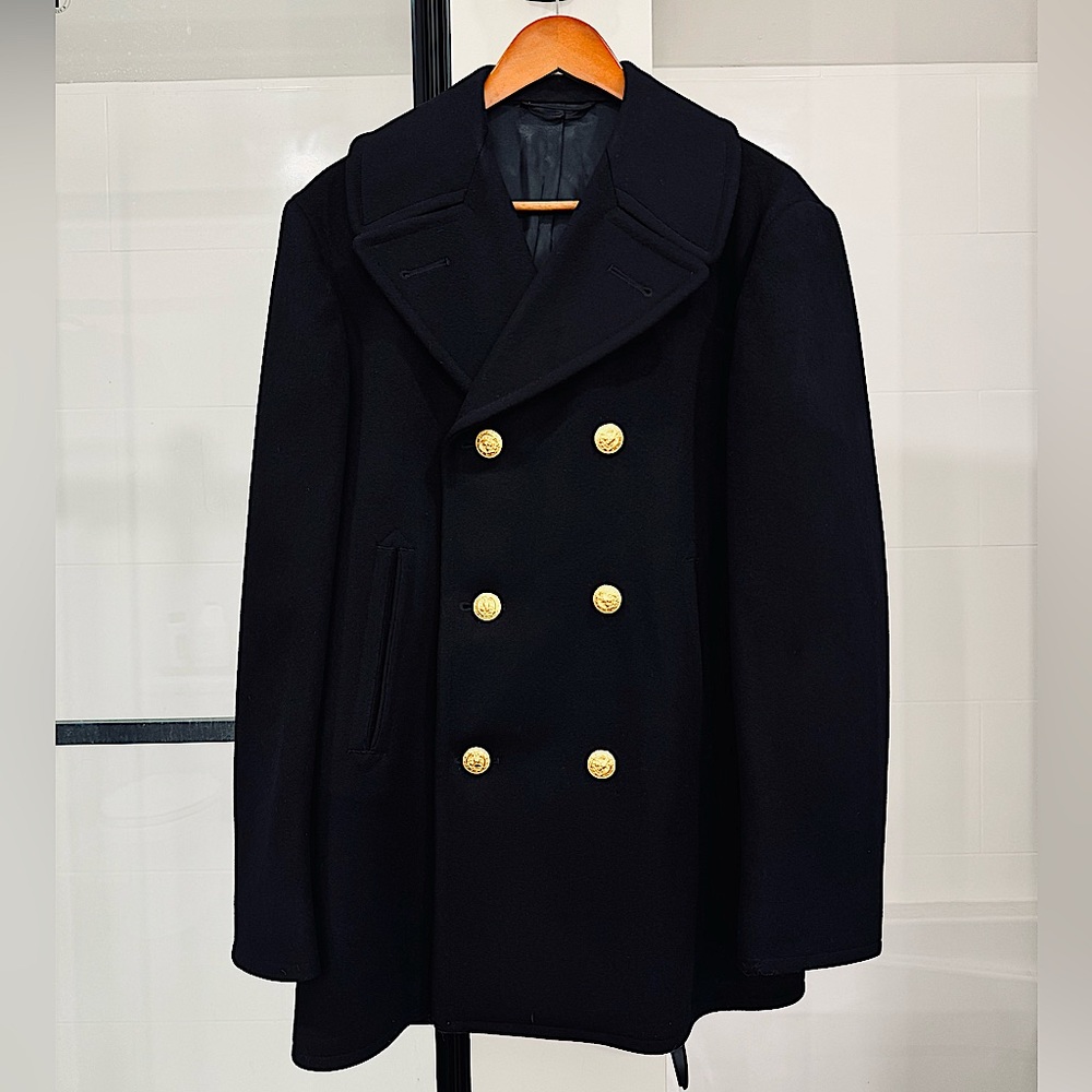 Vintage 1976 NAVY Men Officer Reefer Peacoat - Black Kersey 100% Wool 36 Regular